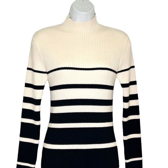 Stitchdrop Ribbed Black Cream Striped Mock Neck Midi Sweater Dress - Picture 3 of 9